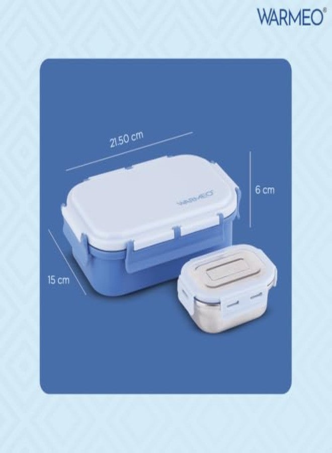 WARMEO علبة طعام وارميو أروما المصنوعة من الفولاذ المقاوم للصدأ والمعزولة حراريًا، محكمة الإغلاق، مانعة للتسرب، مزودة بغطاء بمشبك قفل، خفيفة الوزن، سهلة التنظيف، مثالية للمكتب والمدرسة والنزهات والسفر، عبوة مزدوجة (800 مل + 150 مل)، لون أزرق - Image 4